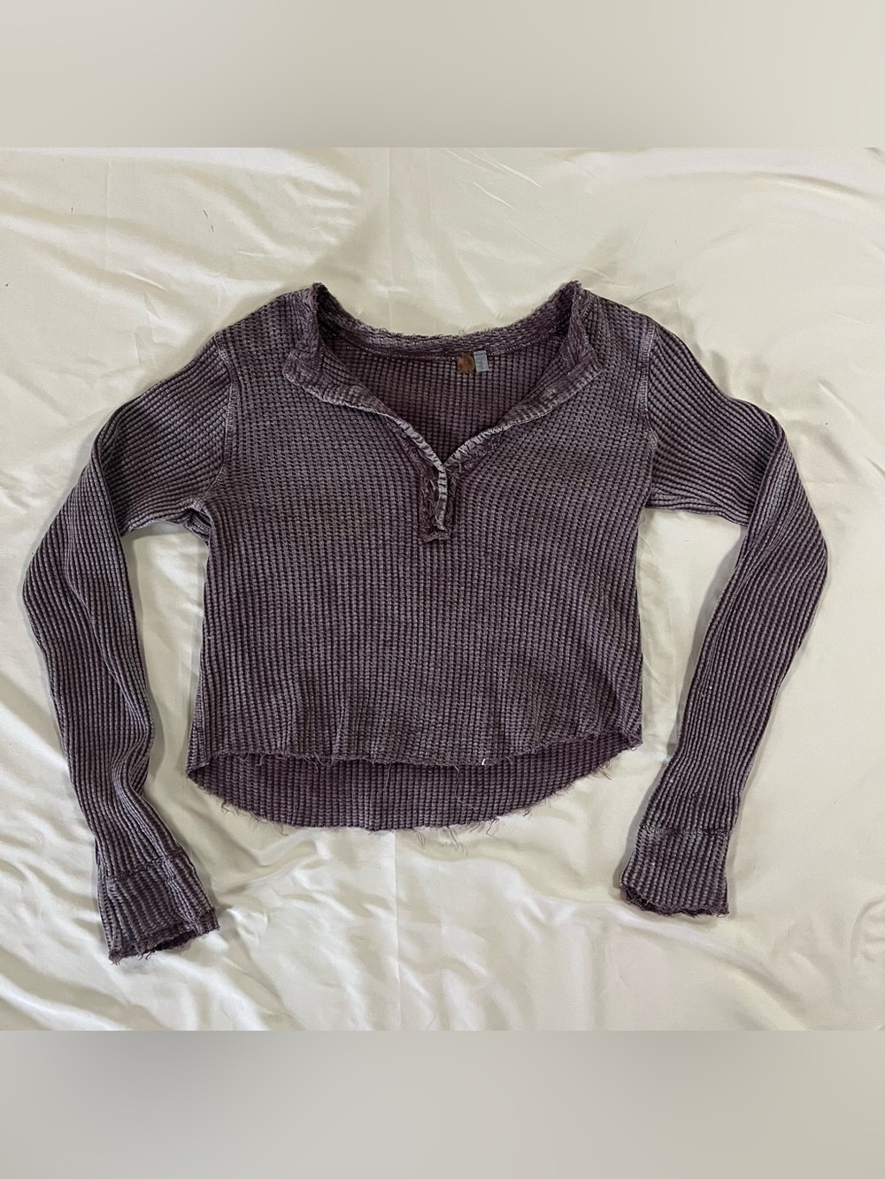 Free People Waffle Knit Thermal Henley Crop Top Purple Gray Long Sleeve Medium